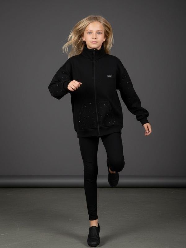 Kız Çocuk Fermuarlı Taşlı Tasarım Hırka