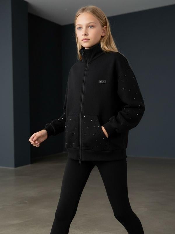 Kız Çocuk Fermuarlı Taşlı Tasarım Hırka