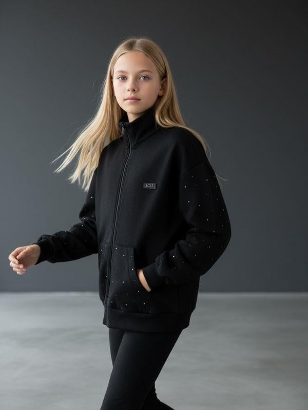 Kız Çocuk Fermuarlı Taşlı Tasarım Hırka