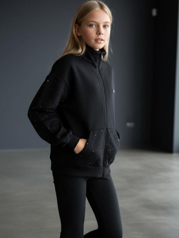 Kız Çocuk Fermuarlı Taşlı Tasarım Hırka