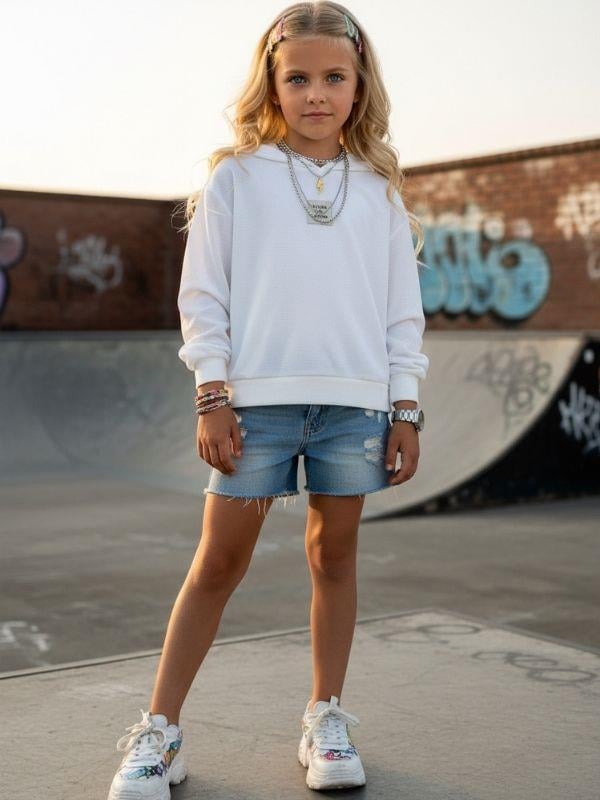 Kız Çocuk File Detaylı Kapüşonlu Sweatshirt