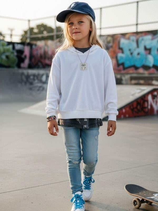 Kız Çocuk File Detaylı Kapüşonlu Sweatshirt