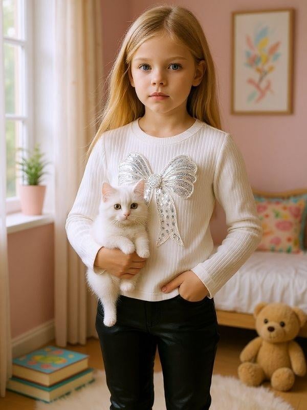 Kız Çocuk Fiyonk Desenli Fitilli Bluz