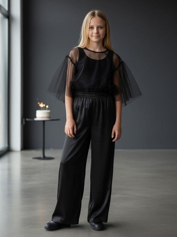 Kız Çocuk Geniş Paçalı Beli Lastikli Tasarım Saten Pantolon