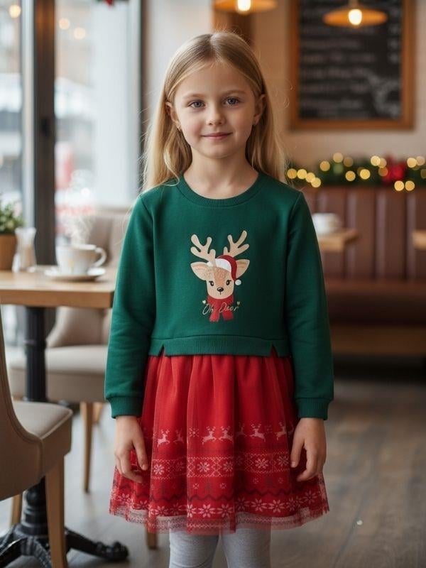 Kız Çocuk Geyikli Yılbaşı Temalı Taç Hediyeli Elbise