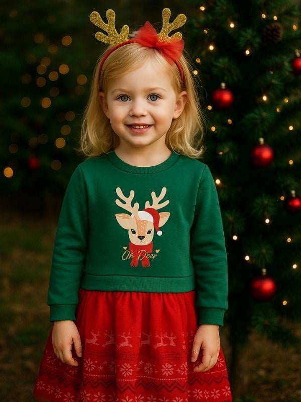 Kız Çocuk Geyikli Yılbaşı Temalı Taç Hediyeli Elbise