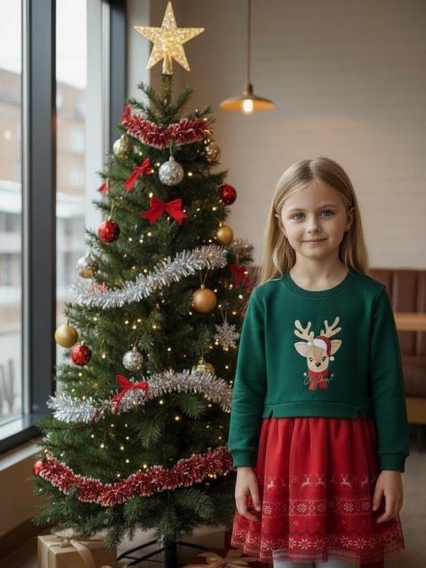 Kız Çocuk Geyikli Yılbaşı Temalı Taç Hediyeli Elbise