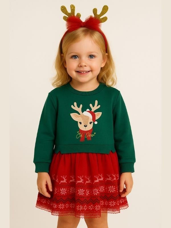 Kız Çocuk Geyikli Yılbaşı Temalı Taç Hediyeli Elbise