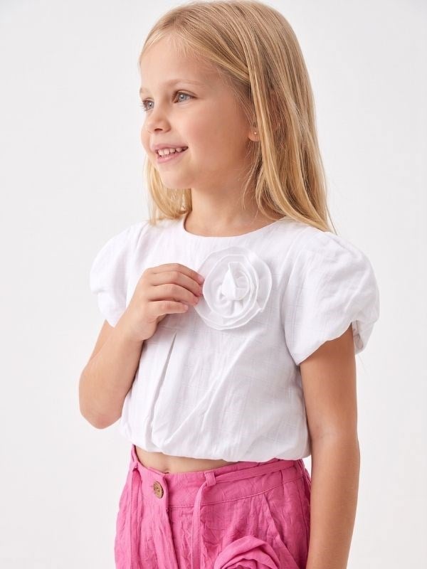 Kız Çocuk Gül Detaylı Müslin Kumaş Crop Bluz