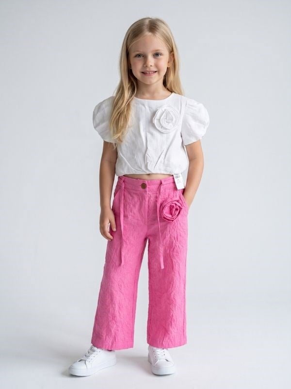 Kız Çocuk Gül Detaylı Müslin Kumaş Crop Bluz