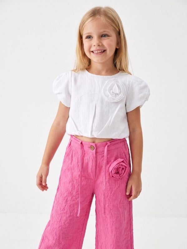 Kız Çocuk Gül Detaylı Müslin Kumaş Crop Bluz
