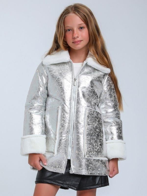 Kız Çocuk Gümüş Parlak Kumaş İçi Peluş Detaylı Tasarım Mont