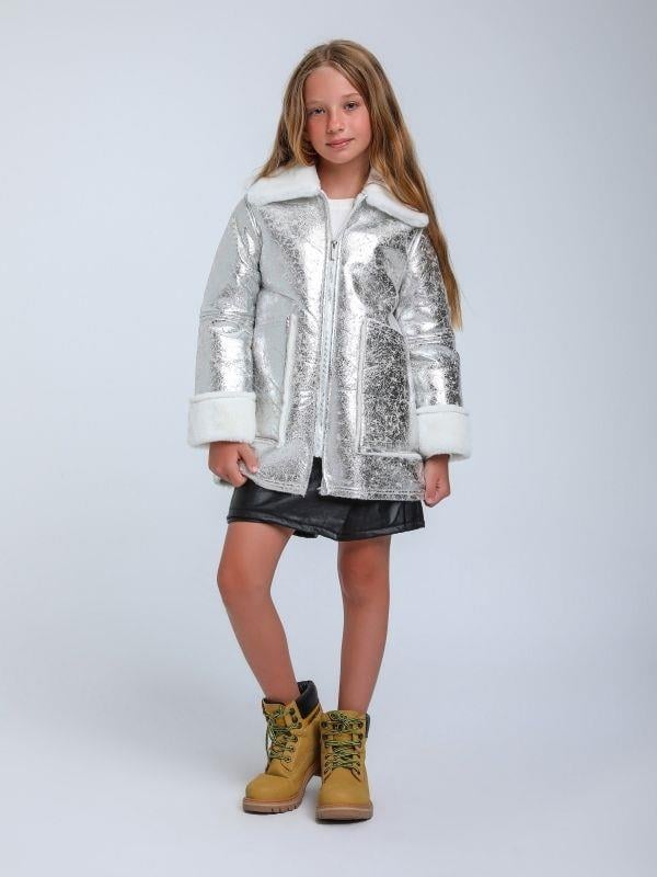 Kız Çocuk Gümüş Parlak Kumaş İçi Peluş Detaylı Tasarım Mont