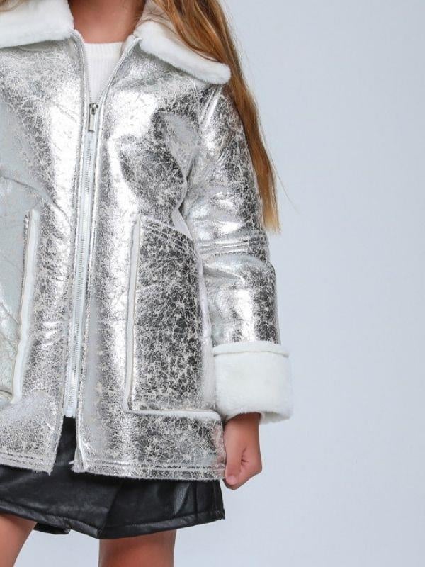 Kız Çocuk Gümüş Parlak Kumaş İçi Peluş Detaylı Tasarım Mont