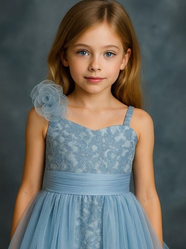 Kız Çocuk Güpür Detaylı Tüllü Tasarım Abiye Elbise