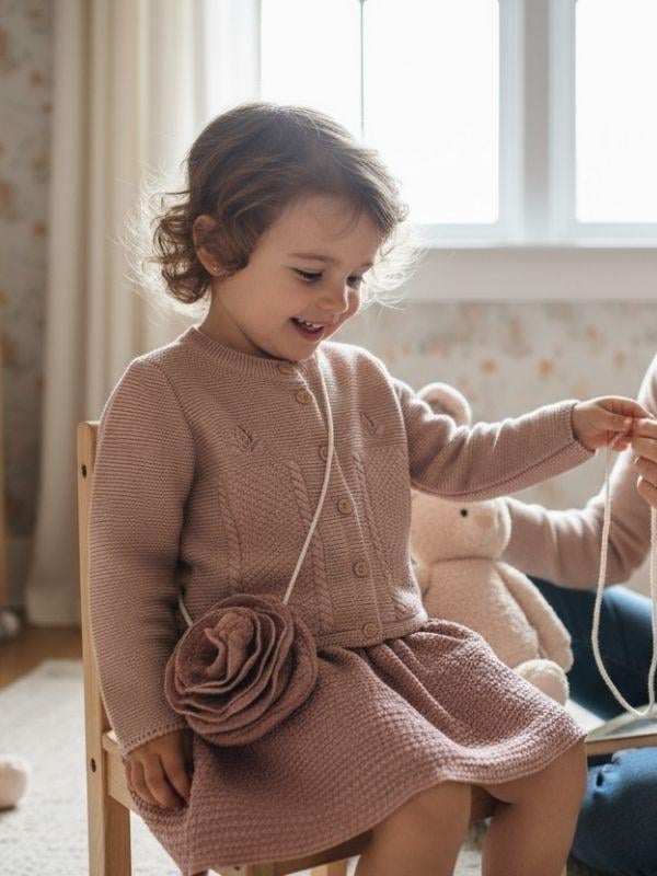 Kız Çocuk Hırkalı Çantalı 4'lü Etekli Takım