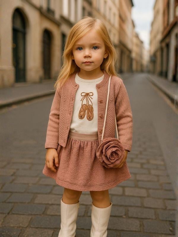 Kız Çocuk Hırkalı Çantalı 4'lü Etekli Takım