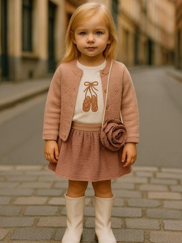 Kız Çocuk Hırkalı Çantalı 4'lü Etekli Takım