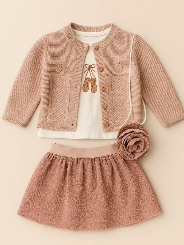 Kız Çocuk Hırkalı Çantalı 4'lü Etekli Takım