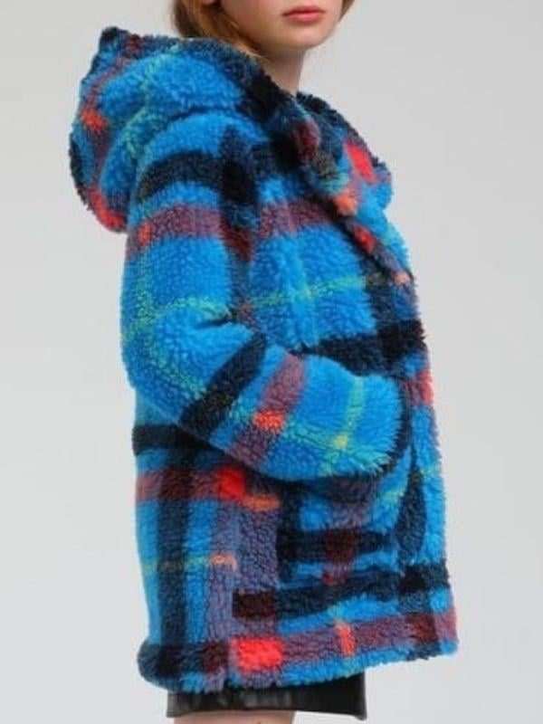 Kız Çocuk  İçi Astarlı Kapüşonlu Peluş Ekose Kaban