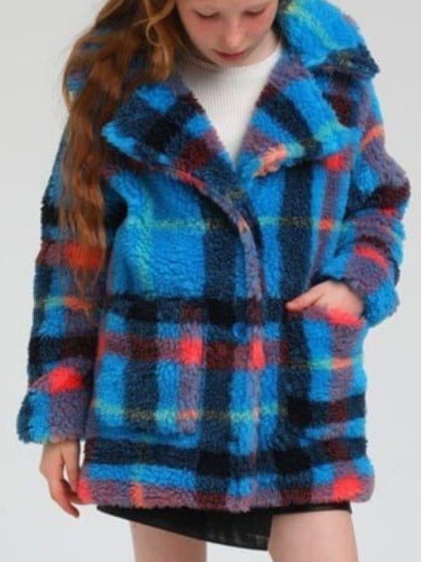 Kız Çocuk  İçi Astarlı Kapüşonlu Peluş Ekose Kaban