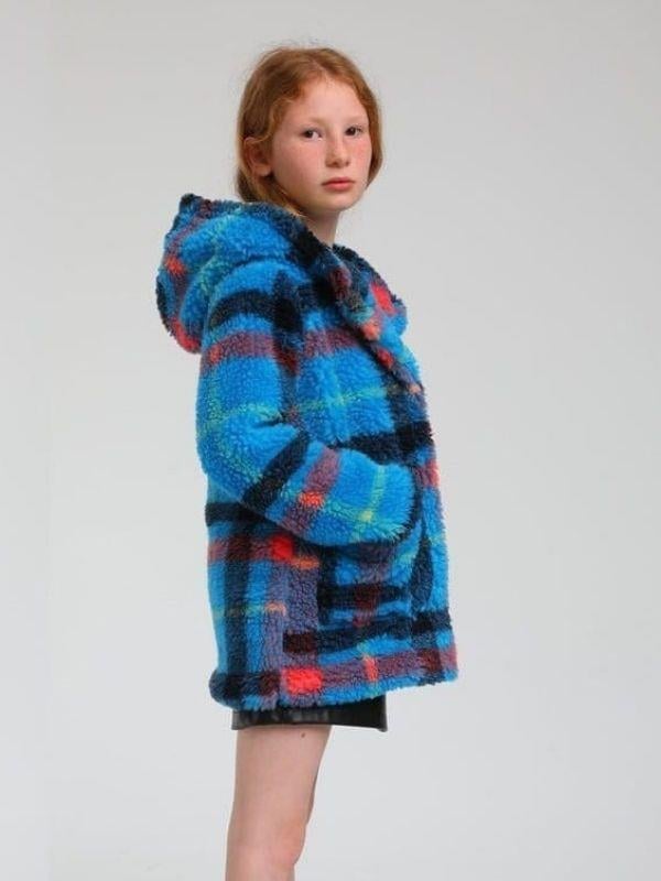 Kız Çocuk  İçi Astarlı Kapüşonlu Peluş Ekose Kaban