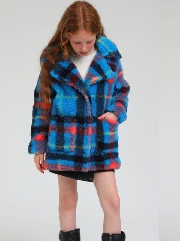 Kız Çocuk  İçi Astarlı Kapüşonlu Peluş Ekose Kaban