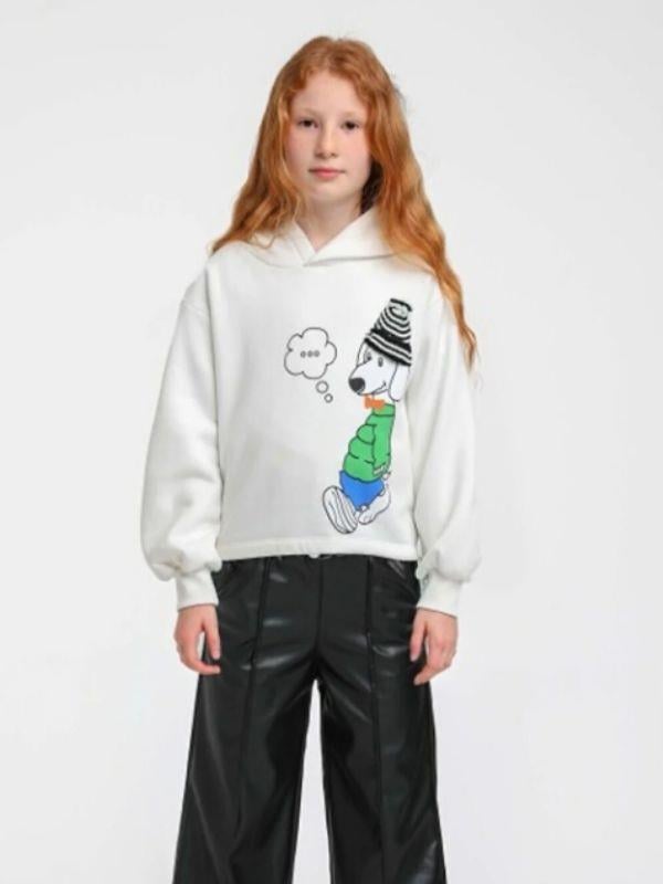Kız Çocuk İçi Şardonlu Köpek Baskılı Kapüşonlu Sweatshirt