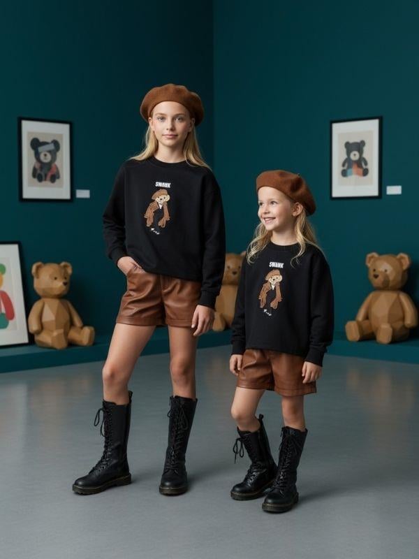 Kız Çocuk İki İplik Ayıcık Nakışlı Tasarım Sweatshirt