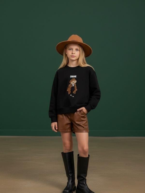 Kız Çocuk İki İplik Ayıcık Nakışlı Tasarım Sweatshirt