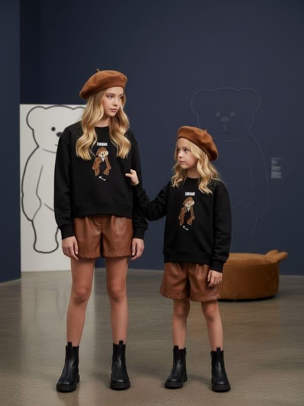 Kız Çocuk İki İplik Ayıcık Nakışlı Tasarım Sweatshirt