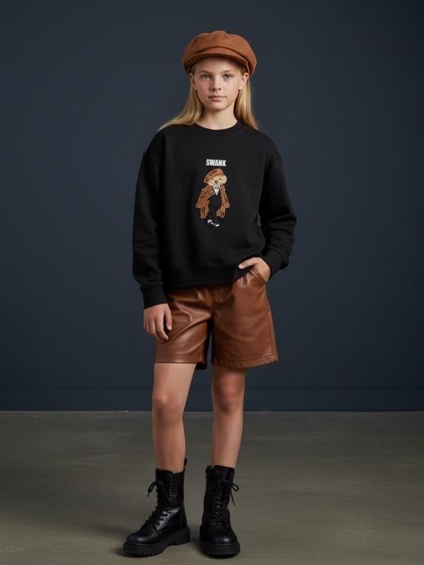 Kız Çocuk İki İplik Ayıcık Nakışlı Tasarım Sweatshirt