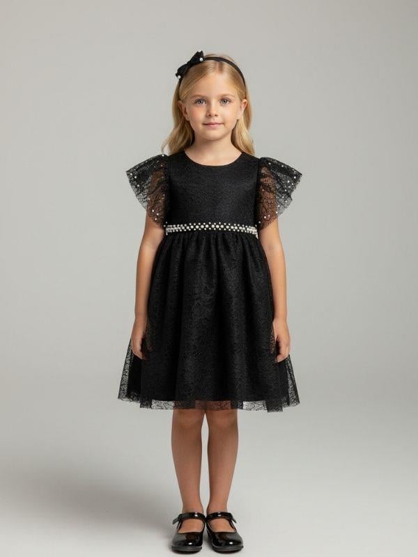 Kız Çocuk İncili Dantelli Güpürlü Tasarım Elbise