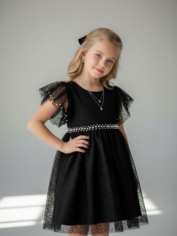 Kız Çocuk İncili Dantelli Güpürlü Tasarım Elbise