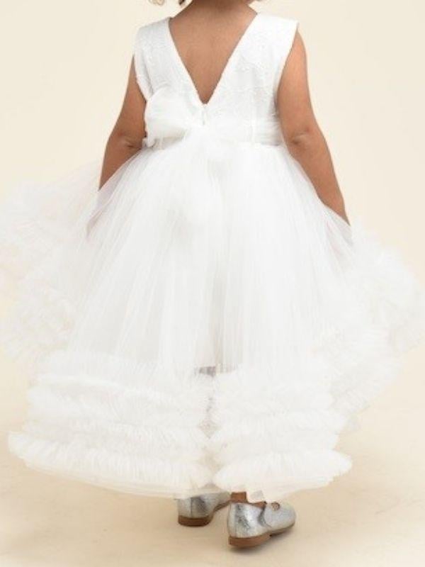 Kız Çocuk İşleme Detaylı Önü Kısa Arkası Uzun Taçlı Tasarım Abiye