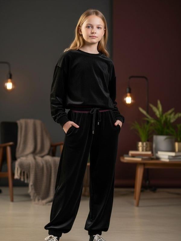 Kız Çocuk Kadife Bel Detaylı Tasarım Eşofman Takım