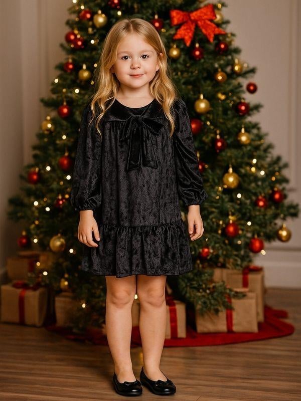 Kız Çocuk Kadife Dokuma Fiyonklu Elbise