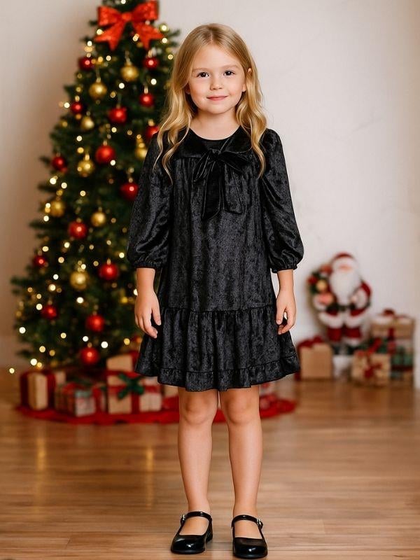 Kız Çocuk Kadife Dokuma Fiyonklu Elbise