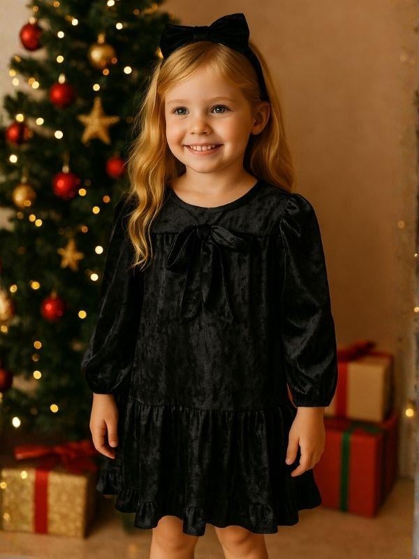 Kız Çocuk Kadife Dokuma Fiyonklu Elbise