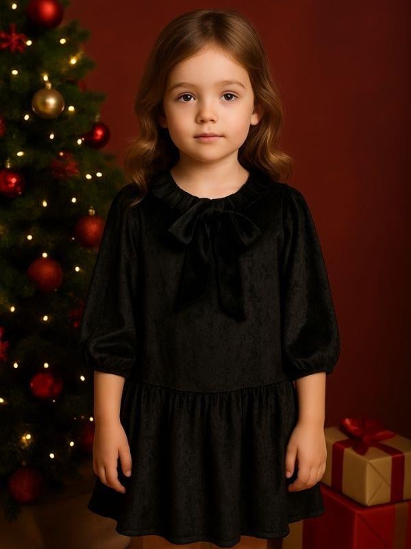 Kız Çocuk Kadife Dokuma Fiyonklu Elbise