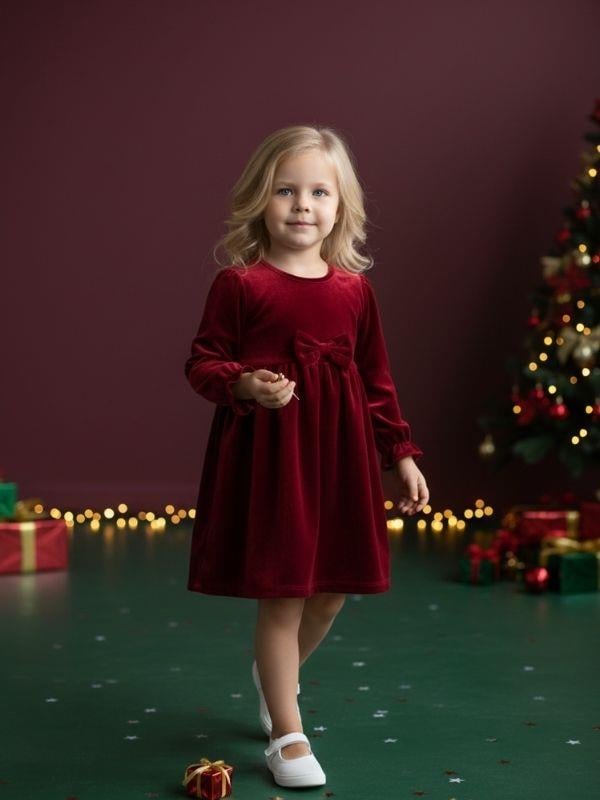 Kız Çocuk Kadife Fiyonk Detaylı Uzun Kollu Bordo Elbise