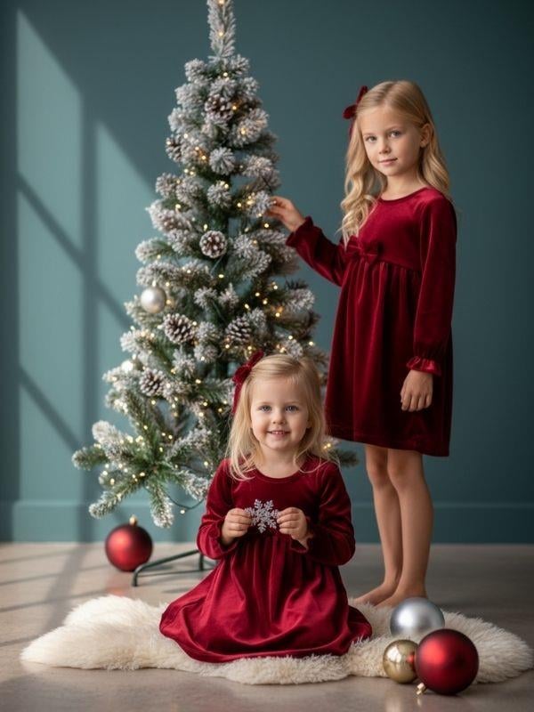 Kız Çocuk Kadife Fiyonk Detaylı Uzun Kollu Bordo Elbise