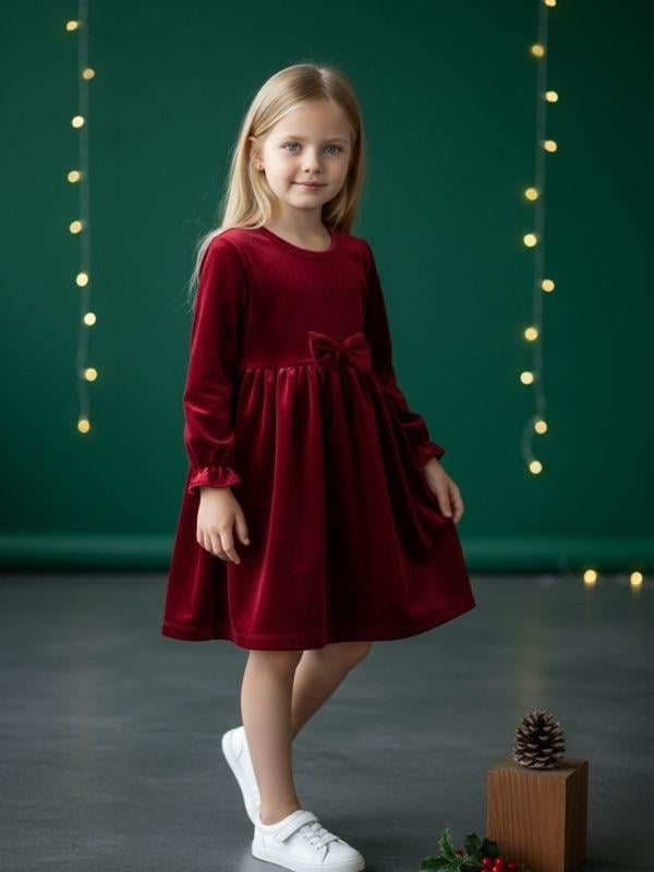 Kız Çocuk Kadife Fiyonk Detaylı Uzun Kollu Bordo Elbise