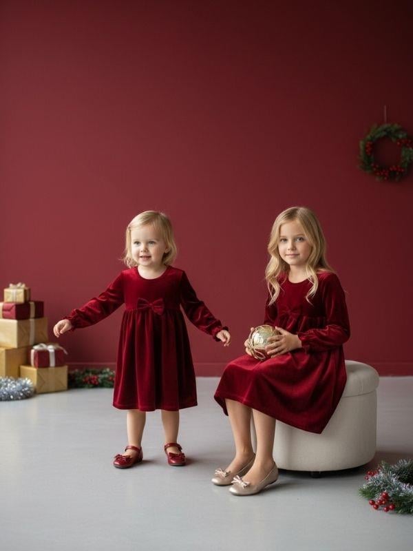 Kız Çocuk Kadife Fiyonk Detaylı Uzun Kollu Bordo Elbise