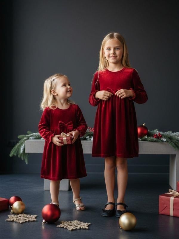 Kız Çocuk Kadife Fiyonk Detaylı Uzun Kollu Bordo Elbise