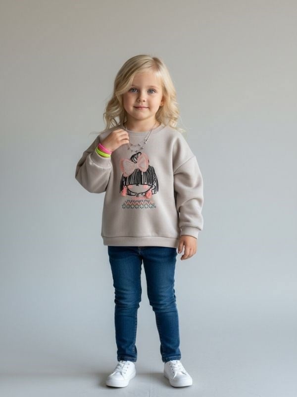 Kız Çocuk Kalın İçi Şardonlu Kız Figürlü Sweatshirt
