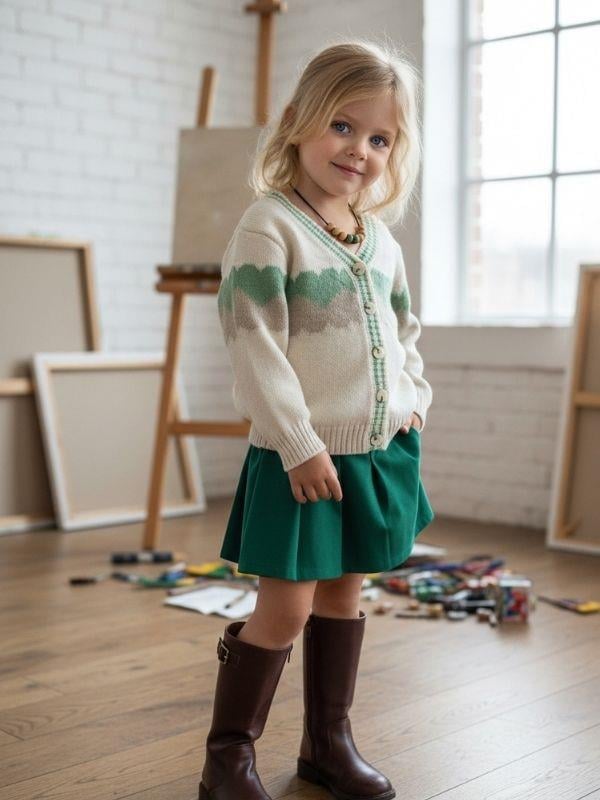 Kız Çocuk Kalp Desenli Düğmeli Triko Hırka