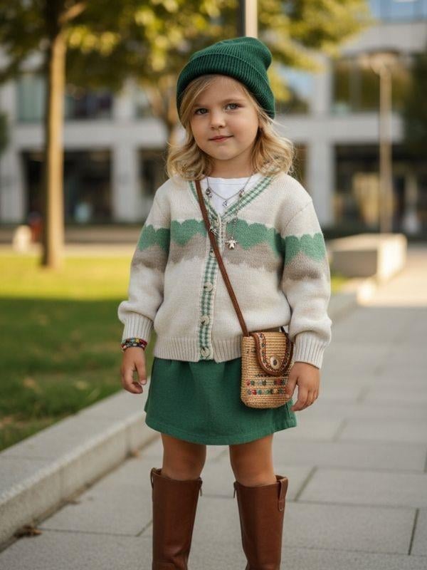 Kız Çocuk Kalp Desenli Düğmeli Triko Hırka