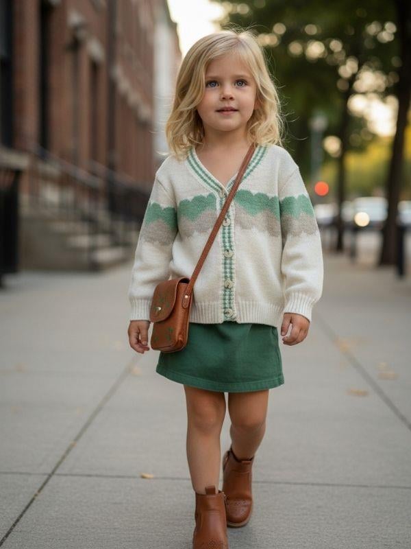 Kız Çocuk Kalp Desenli Düğmeli Triko Hırka