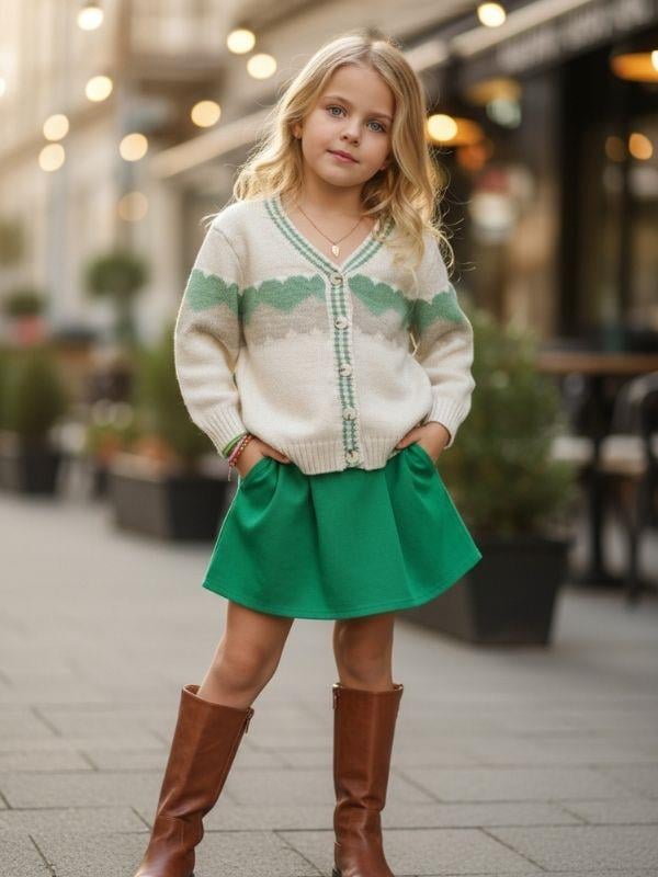 Kız Çocuk Kalp Desenli Düğmeli Triko Hırka